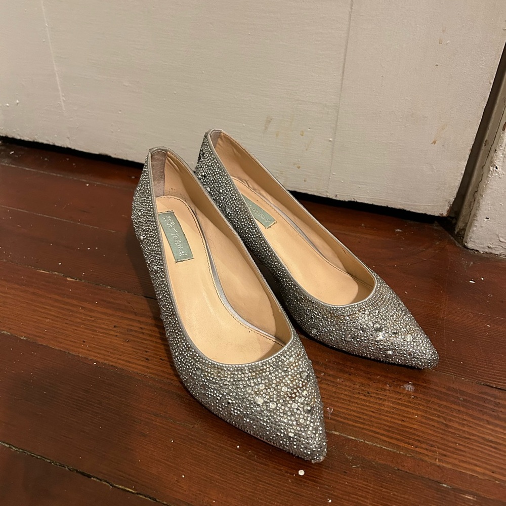Betsey Johnson silver glitter jewel heels